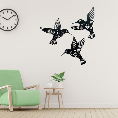 Pack de 3 décorations murales colibris en métal noir, sculptures d'oiseaux en fer ajouré, suspension artistique noire. (1/5)