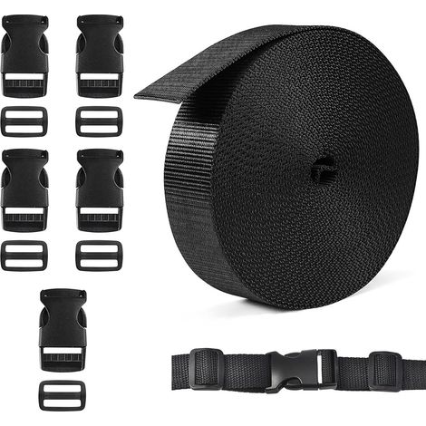 Cinta de nailon con hebilla - 5 m x 25 mm - Con 5 pares de hebillas - Cinta de nailon resistente - Para bricolaje, manualidades, mochilas, bolsos, equipaje, sujeción (1/5)