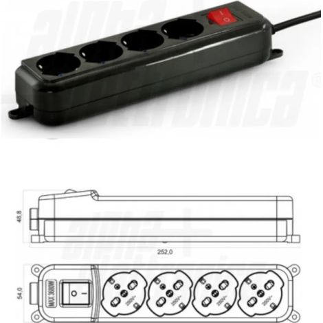 MULTIPRESA 4 PRESE UNIVERSALI ITALIA P40 CON INTERRUUTORE E SPINA RIBASSATA 16A NERA (1/2)