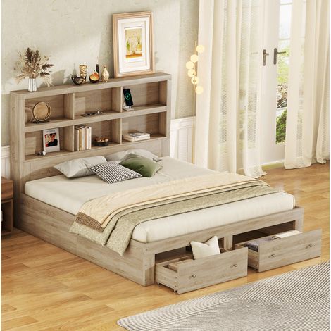 Cama de aglomerado natural 160x200 cm con almacenaje, cabecero con estantes, 2 cajones y puerto USB (1/5)