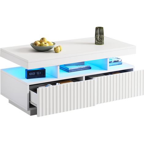 Mesa de Centro con 2 Cajones, Hueco Abierto y LED, para Salón, en Tablero de Partículas, Blanco, 100×50×45 cm (1/5)