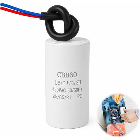 CBB60 450V 16uf Condensateur 16 uF 50/60HZ Condensateur de Démarrage pour Moteur Monophasé Microfarad Condensateurs Ondensateur Machine à laver 38x70mm Compatible avec avec Fil (1/5)