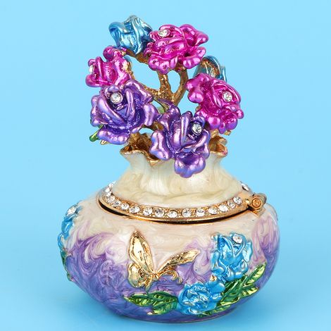 Boîte de rangement bijoux en métal émaillé violet, peinture diamant, organisateur artisanal décoratif, coffret trésor pour colliers et bagues. (1/5)