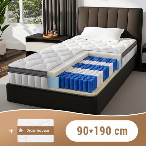 Matelas 90x190 cm Ressorts Ensachés – Épaisseur 25 cm – 7 zones de Confort, Housse respirante, Soutien Ferme H3, Hypoallergénique, avec Drap-Housse Inclus, Authmic