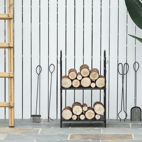 Support à bois de chauffage avec set de cheminée, étagère à bûches en métal doré 51,5x33x77 cm pour soirées cosy (1/5)