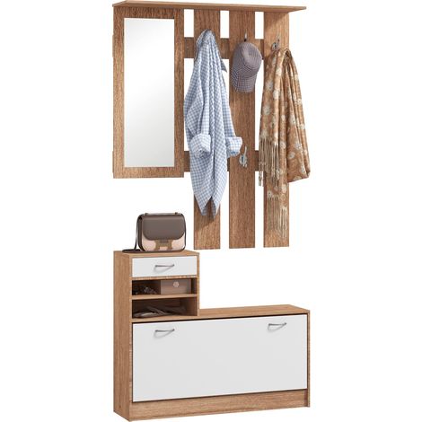 Meuble d'entrée vestiaire avec panneau porte-manteau, miroir et banc à chaussures - 6 crochets et étagère réglable (1/5)