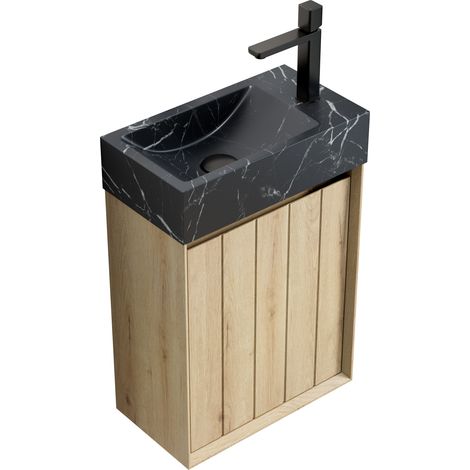 Meuble vasque suspendu avec lavabo intégré en marbre noir, meuble sous-vasque compact à une porte pour petite salle de bain, finition bois clair  CHICFURN (1/5)