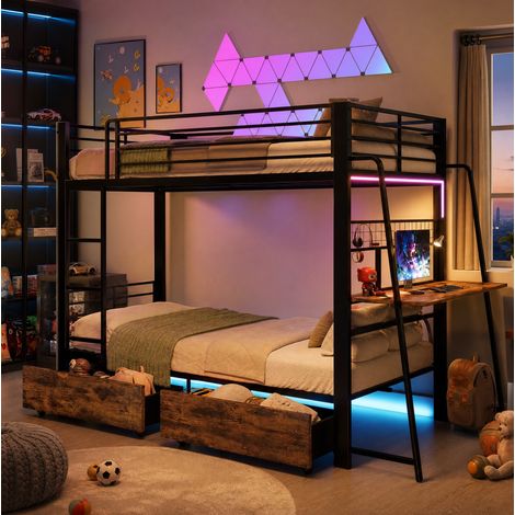 Lit mezzanine 140x200 cm en métal et MDF noir avec bureau intégré pour petit espace (1/5)