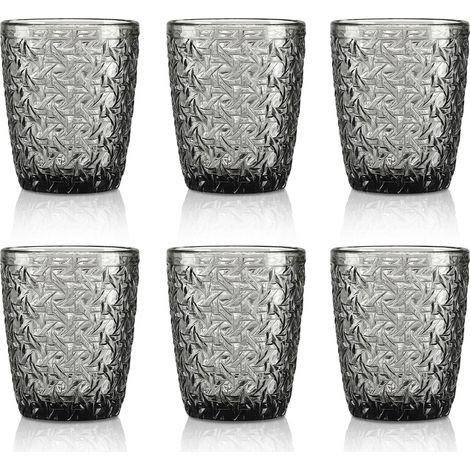 Grey Stackable Drinking Glasses, Vintage Flower Embossed Tumbler, for Juice, Beer, Cocktail, 300 ml, Pack of 6, Dishwasher Safe (1/5)