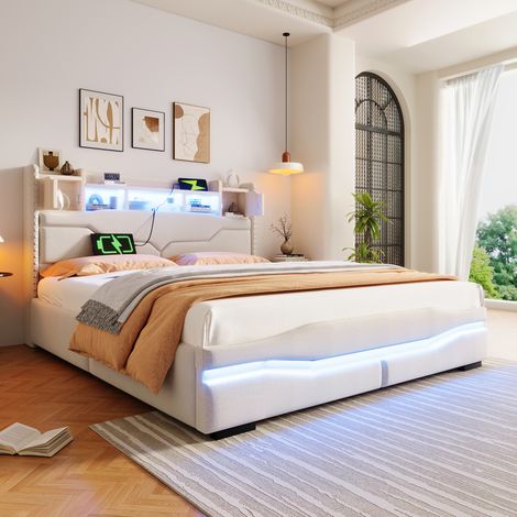 Lit coffre 160x200 cm beige avec LED sous le lit, ports USB-C, tête de lit avec rangement, sommier hydraulique, sans matelas