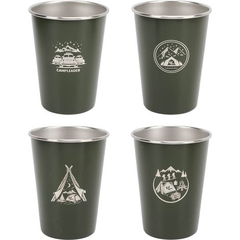 Lot de 4 chopes à bière en acier inoxydable, idéales pour le camping, le café, le thé et le lait, avec sac de rangement. (1/5)
