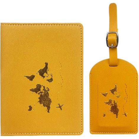 Lot étiquette bagage et housse passeport en cuir PU - Carte étiquette valise, porte-passeport, cadeau voyage (1/5)