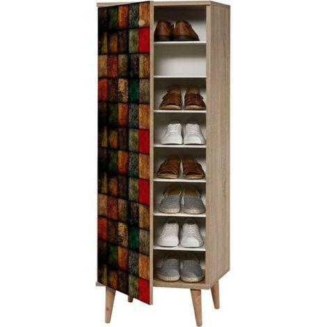 Dmora - Schuhschrank Cebalrai, Schuhregal, Mehrzweck-Eingangsgarderobe, Möbel für Schuhe, 50x38h135 cm, Eiche und Multicolor, mit verstärkter Verpackung