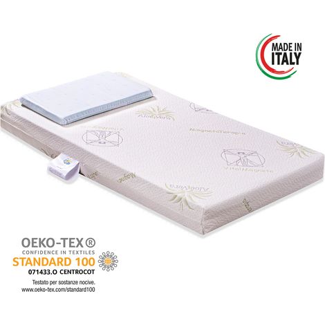 Materasso per culla lettino ALOE DREAM antisoffoco misura 70x140 cm alto 12 cm con rivestimento sfoderabile e lavabile in lavatrice con cuscino antisoffoco in omaggio.