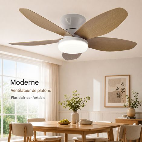 MRTRS-Ventilateur de plafond lumineux 88cm 5 pales imitation bois moteur DC silencieux ≤35dB 6 vitesses réversible lumière LED 3000-6000K télécommande pour maison appartement (1/5)