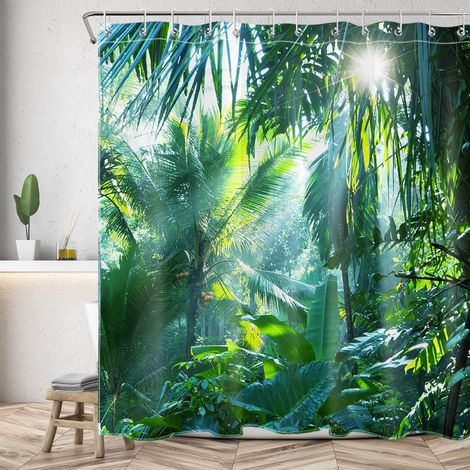 Forêt Verte Rideaux de Douche 240X200cm Feuillage Tropical,Palmier,Feuille de bananier dans la Jungle Rideaux de Bain avec Crochets,Extra Large Imperméable Polyester Anti Moule Salle de Bain Décor (1/4)