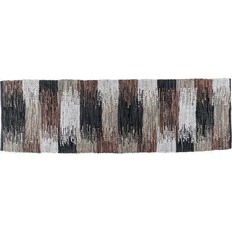 HOMESCAPES Black, Grey & Brown Real Leather Handwoven Cutshuttle Rug, 66 x200 cm (1/3)