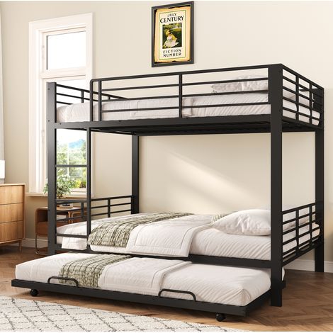 Etagenbett 140/200 cm negro con cama extraíble y barrera de seguridad, estructura metálica (1/5)