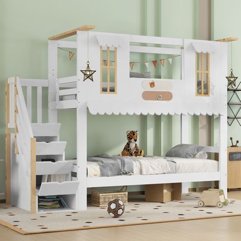 Lit mezzanine 90x200 escalier rangement bois blanc OKMYHOME (1/5)