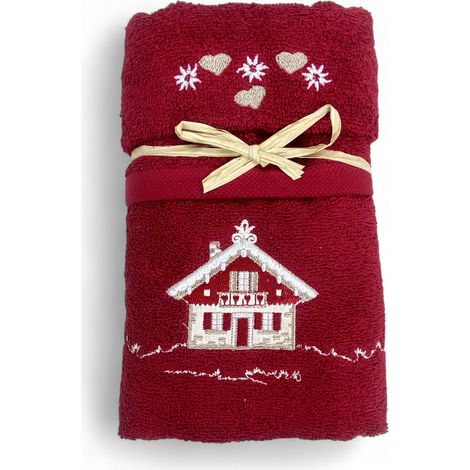 Set Asciugamani Tirolese Casetta Bordeaux - Tirolo - Spugna 100% Cotone - Ricamo Chalet Montagna Made in Italy (1/5)