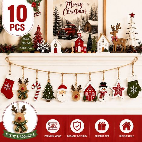 Ornements de Sapin de Noël en Bois 10 Pièces, Décorations Rustiques avec Père Noël, Renne, Étoile et Chaussette (1/5)