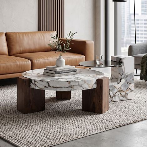 Sideboard Set runde Beistelltische 61/44 cm mit Marmoroptik und schwarzen L-Füßen (1/5)