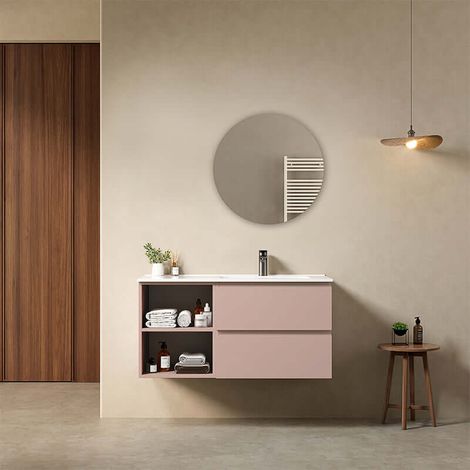 Mobile bagno sospeso 100 cm Rosa Retro Lavabo a Destra in Ceramica Specchio Tondo - Fiji Paint Plus (1/4)