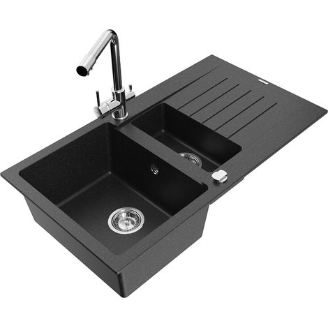Mexen Matias 1,5-Becken-Granitspüle mit Abtropffläche und Mischbatterie Duero, Schwarz/Silbermetalli (1/5)