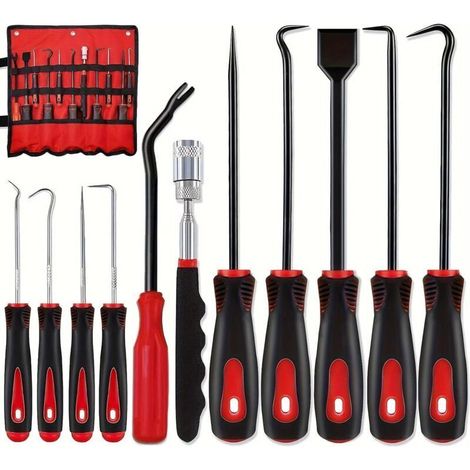 Ensemble d'outils de mécanicien automobile de 11 pièces : pince à crochet, extracteur de rivets, poignée télescopique, aimant de précision, extracteur de joints et grattoir. (1/4)