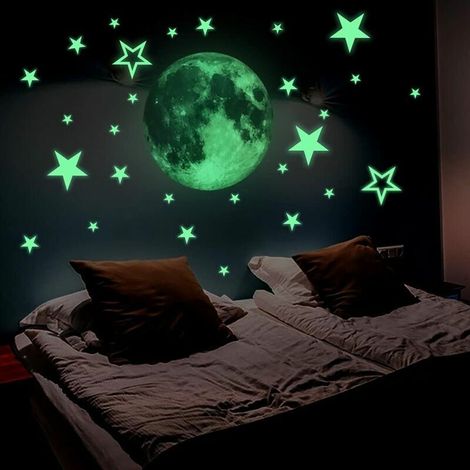 royaluxe -30cm lune + 27 pièces d'étoiles lumineuses lune étoiles dot stickers muraux créatifs fluorescents autocollants muraux autocollants de décoration de chambre d'enfants (1/5)