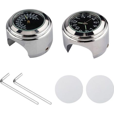 Horloge universelle de guidon de moto, thermomètre de vélo étanche de remplacement pour motos vélos 22 mm-25,4 mm7/8 ''- 1'' guidon coque argentée cadran noir + (1/5)