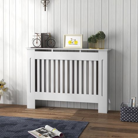 Copertura per radiatore HOMCOM, copertura per radiatore con dispositivo antiribaltamento, design moderno, MDF, 112x19x81 cm, bianca