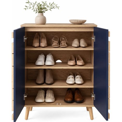 CHICFURN Meuble à chaussures géométrique à portes rondes, rangement multi-niveaux, portes fermées anti-poussière, pieds en bois, bleu et bois clair pour l'entrée (1/5)