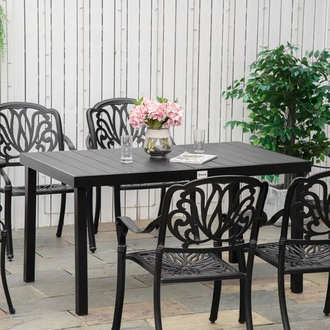 Table de terrasse Outsunny 6 places, 140x90x74cm, en aluminium et plastique noir facile à nettoyer, idéale pour jardin et repas extérieur.