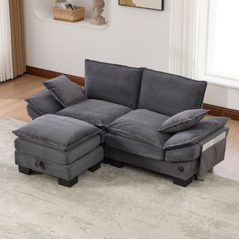 Modulares 2-Sitzer Cordsofa (mit Hocker) – breite Sitzfläche, ergonomisches Design, hochdichte Schaumstoffpolsterung, USB-C-Anschluss und Seitentaschen.Ideal für Wohnzimmer, Büro oder Lounge.Dark Gray