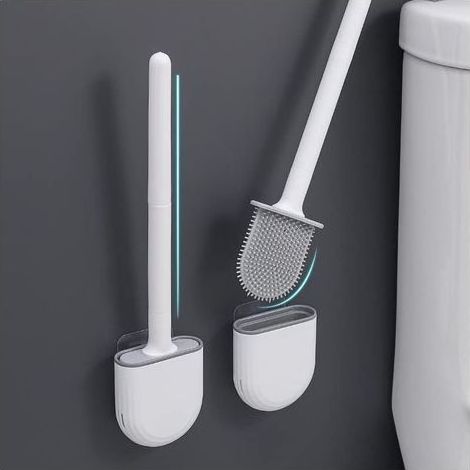 1 Stück Silikon-WC-Bürste mit Halter, Tiefenreinigungsbürste mit langem, rutschfestem Kunststoffgriff und flexiblen Borsten, WC-Bürste mit schnelltrocknendem Halter (1/5)