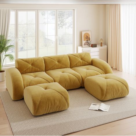 Divano modulare a U 3 posti senza telaio, 2 pouf, 281 x 171 x 76 cm, ciniglia gialla, REDOM (1/5)