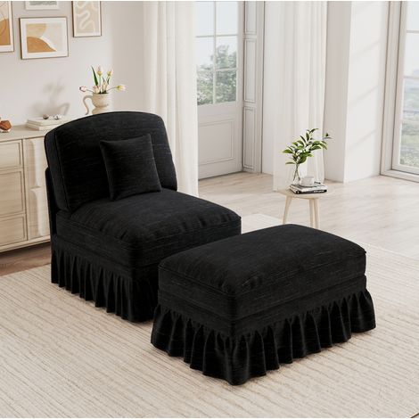 Sofá lounge de chenilla negro, con falda desmontable, dos diseños, cojín móvil y patas de espiral (1/5)