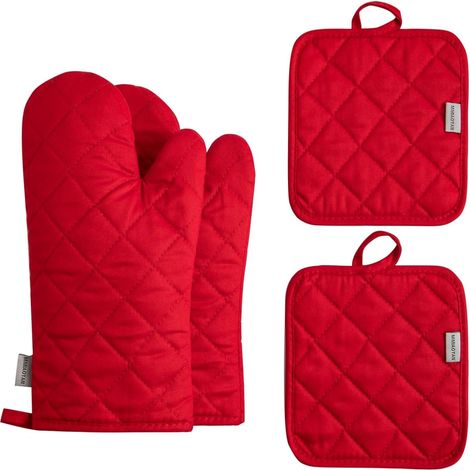 Guantes de cocina de algodón gruesos y alargados, resistentes al calor hasta 500 grados, juego de 4 (30 cm, rojos). (1/5)