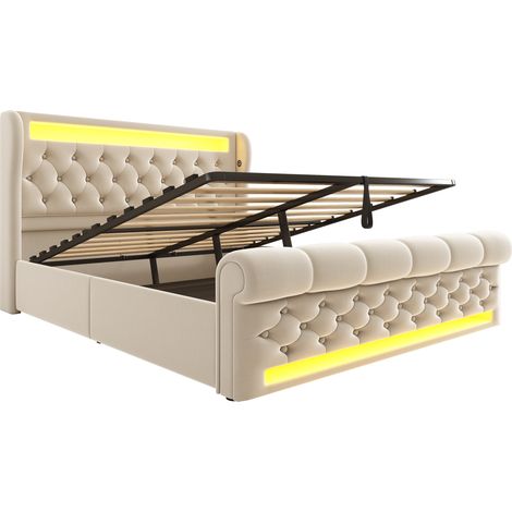 Lit double capitonné 140x200 cm en velours beige avec LED, rangement hydraulique et matelas (1/5)