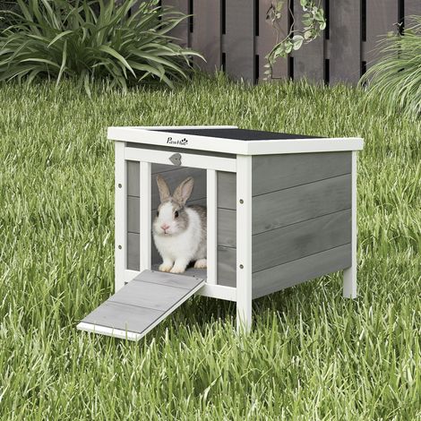 Clapier lapin cage rampes porte toit ouvrant étanche sapin 51x42x43 cm gris blanc (1/5)