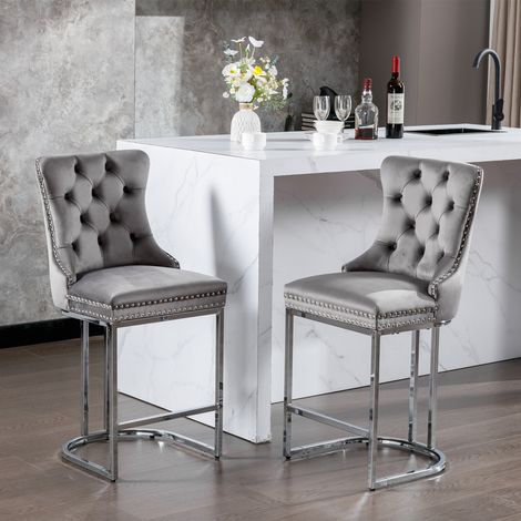 Tabouret de bar, lot de 2, finition capitonnée, 54 x 46 x 97 cm, tissu rembourré et velours, gris (1/5)