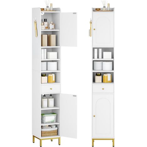 Colonne de salle de bain étroite 28x28x180 cm – 2 portes et 1 tiroir – Étagères réglables – Design en bois blanc pour espaces confinés