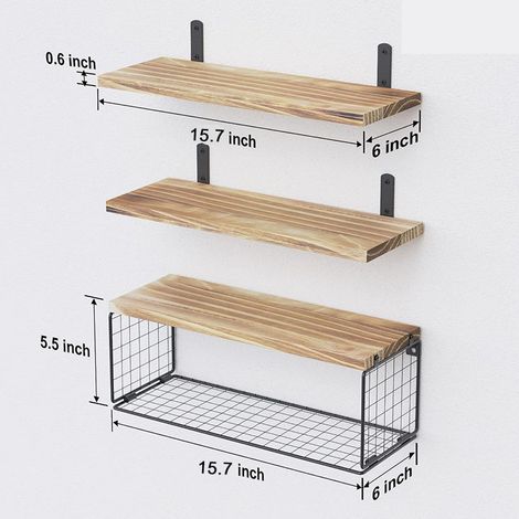 Estantería de pared, perchero, cesta de pañuelos de hierro (madera de tung ligeramente carbonizada, 3 niveles)