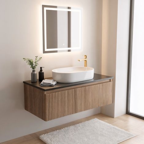 Swiss Aqua Technologies Meuble de salle de bain avec comptoir en pierre artificielle SAT Evolution 78x30x44,8 cm noyer mat (SATEVO80NATK) (1/5)