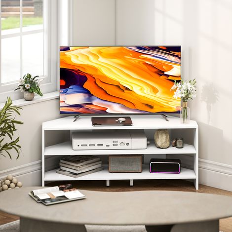 Meuble téléviseur d'angle blanc en bois, pour écrans max 47 pouces, 2 étagères ouvertes, dimensions 110x36x45 cm (1/5)