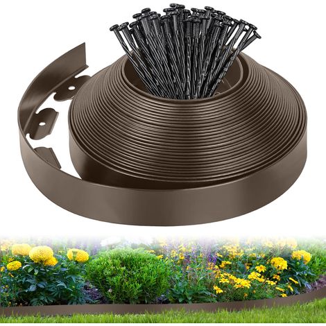 Bordure de Pelouse Flexible 10M x 5cm, Clôture de Jardin en Plastique avec 50 Piquets, Bordure de Délimitation pour Pelouse, Parterre, Allée de Patio, Marron (1/5)