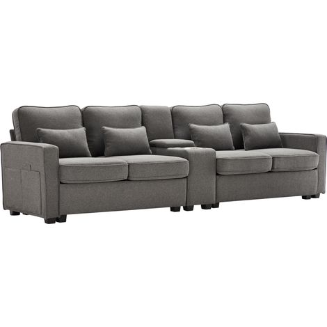 Canapé 4 places en tissu gris foncé avec console, porte-gobelets, ports USB, poches d’accoudoirs et 4 coussins, idéal salon, bureau, appartement  CHICFURN (1/5)