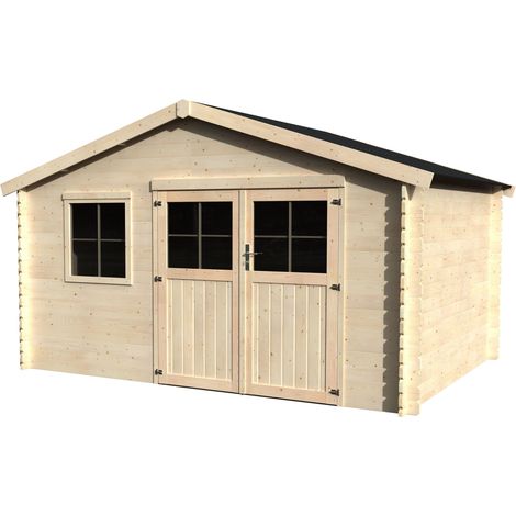 Abri de jardin bois FLODEAL 398x298 cm - Surface utile : 10,14 m² - Épaisseur : 28 mm - Couleur : Naturel (1/2)