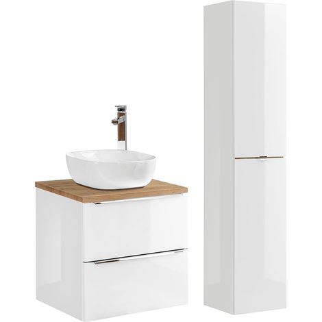Conjunto mueble lavabo individual y columna 60cm April Blanco y Madera (1/4)